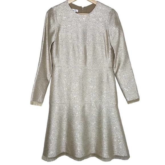 Oscar de la Renta Neutral Sequin Tweed Long Sleeve Dress 0 - Picture 1 of 11